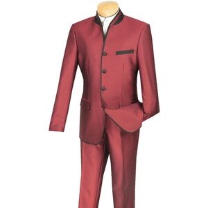 Vinci Sharkskin Slim Fit Burgundy Mandarin Collar Suit – 48L Jacket / 42W Pants